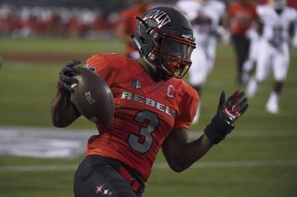 UNLV Rebels running back Lexington Thomas (3) scored against the UTEP Miners during their NCAA football game Saturday, September 8, 2018, at Sam Boyd Stadium in Las Vegas.