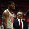 UNLV Head Coach Marvin Menzies talks with his player UNLV Rebels forward Shakur Juiston (10) during a game at the Thomas & Mack Center Wednesday, Nov. 28, 2018. UNLV Head Coach Marvin Menzies talks with his player UNLV Rebels forward Shakur Juiston (10) during a game at the Thomas & Mack Center Wednesday, Nov. 28, 2018.