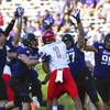 UNLV quarterback Armani Rogers (1) is defended by Northwestern defensive lineman Samdup Miller, left, linebacker Paddy Fisher (42), defensive lineman Joe Gaziano (97) and defensive end Trevor Kent (96) during the second half of an NCAA college football game, Saturday, Sept. 14, 2019, in Evanston, Ill.
UNLV quarterback Armani Rogers (1) is defended by Northwestern defensive lineman Samdup Miller, left, linebacker Paddy Fisher (42), defensive lineman Joe Gaziano (97) and defensive end Trevor Kent (96) during the second half of an NCAA college football game, Saturday, Sept. 14, 2019, in Evanston, Ill.
