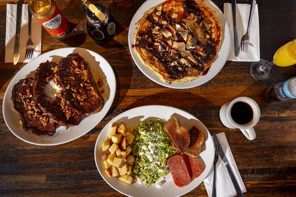 From left clockwise; House French Toast Breakfast, S'mores Pancake and the Green Eggs and Spam at Sausagefest restaurant Wednesday, Sept. 11, 2019.