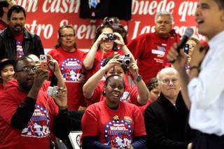 Democratic presidential hopeful Sen. Barack Obama speaks at the Culinary Union Local 226 headquarters in downtown Las Vegas Sunday, Jan. 13, 2008.
