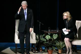 Former President Bill Clinton sits down to answer questions with Jan Jones, senior vice president of communications and government relations for Harrah's Entertainment in front of a crowd of Harrah's employees at the Colosseum at Caesars Palace in Las Vegas Monday Feb. 22, 2010.