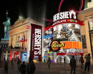 An artist’s rendering shows the exterior of Hershey’s Chocolate World at New York-New York. It is planned as part of a project to turn the sidewalk between New York-New York and the Monte Carlo into a lead-in to a planned 20,000-seat arena filled with food and entertainment.