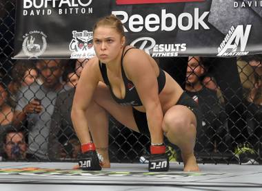 Ronda Rousey gets ready to fight Cat Zingano in a UFC 184 mixed martial arts bantamweight title bout Saturday, Feb. 28, 2015, in Los Angeles. Rousey won after Zingano tapped out 14 seconds into the first&nbsp;round.