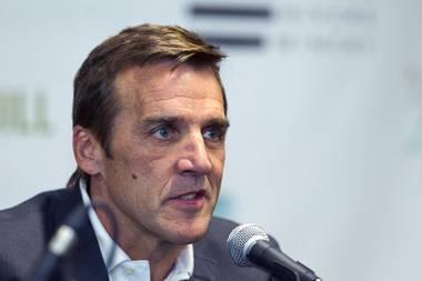 George McPhee speaks after being named general manager of Las Vegas’ NHL expansion team during a news conference at the T-Mobile Arena Wednesday, July 13, 2016. McPhee is a former general manager of the NHL’s Washington&nbsp;Capitals.