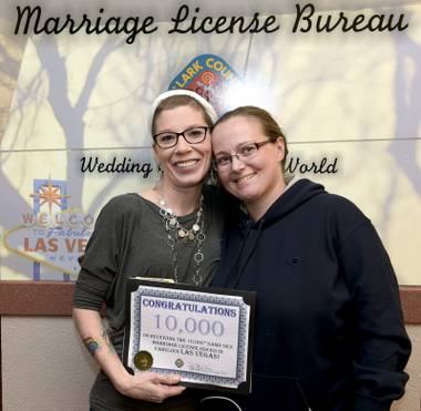 Clark County Clerk’s Marriage License Bureau issues their 10,000th same-sex marriage license to Amanda Falzone and Jennifer Dickerson of Colorado Springs, Colorado at the Clark County Courthouse in downtown Las Vegas. In celebration of this milestone, local businesses have donated many great wedding presents for the 10,000th same-sex couple  including a two-night stay and dinner at Mandalay Bay, passes to the High Roller observation wheel at The LINQ Promenade, flowers, professional photographs and a wedding ceremony.  Friday, January 20, 2017. CREDIT: Glenn Pinkerton/Las Vegas News&nbsp;Bureau