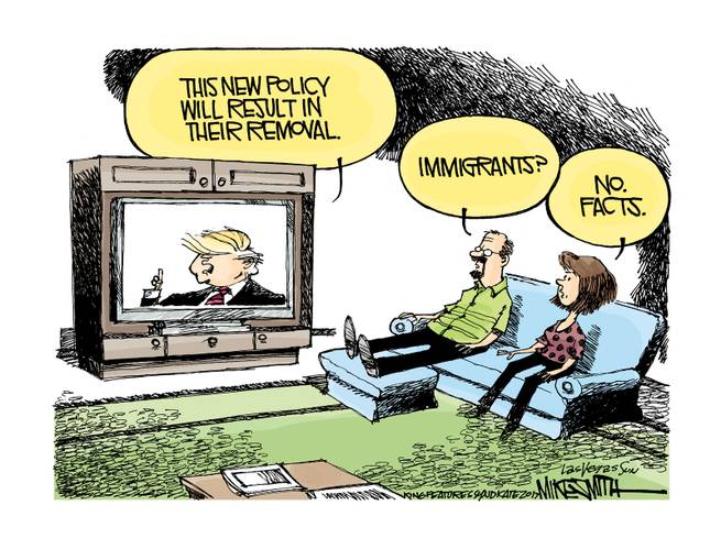 Man and woman watching television as Donald Trump says, 
