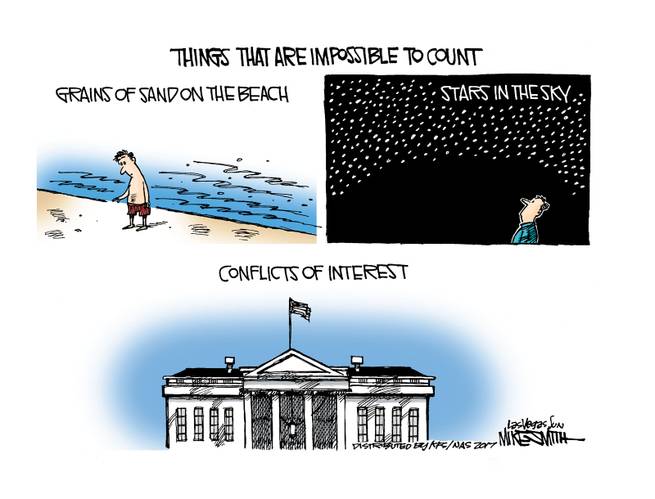 Title:  Things That Are Impossible To Count.  Image One:  Sand on the beach.  Image Two:  Stars in the sky.  Image Three:  Conflicts of interest in the White House.