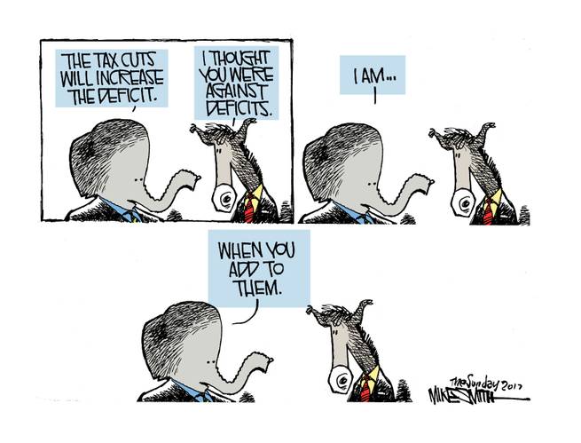 Republican Elephant:  The tax cuts will increase the the deficit.  Democratic Donkey:  I though you were agains deficits.  Elephant:  I am . . . when *you* add to them.