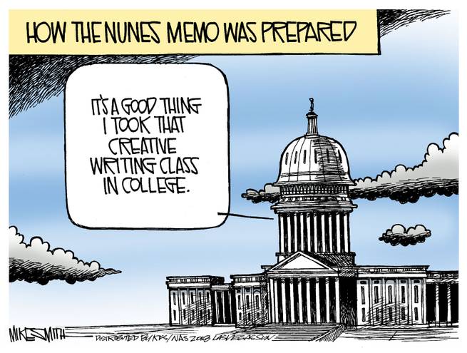 Title:  How the Nunes Memo Was Prepared.  Image:  Voice coming from Capitol Building:  It's a good think I took that creative writing class in college.