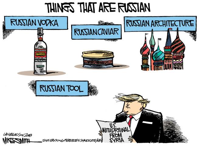 Title:  Things That Are Russian.  Image:  Picture of bottle (Russian Vodka).  Picture of canned good (Russian Caviar);  Picture of Onion Spires (Russian Architecture).  Picture of Donald Trump (Russian Tool).