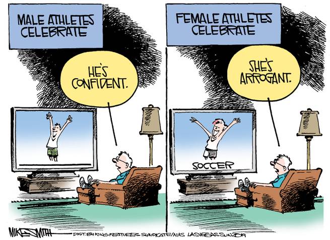 Frame One:  Man looks at television as male athlete celebrates and thinks, 